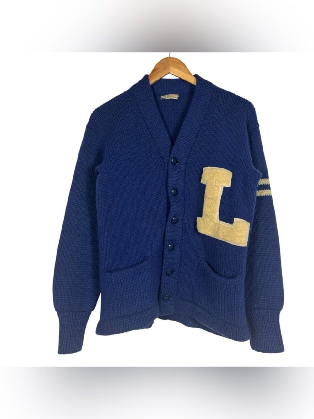 Vintage 50's 60's Letterman Sweater Varsity Cardigan Blue Knit Wool Prop Small
